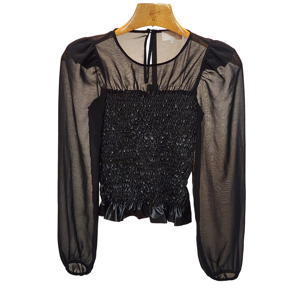 Salsa Black Sheer Smocked Mesh Long Sleeve‎ Blouse Top ECH Whimsigoth Romantic
